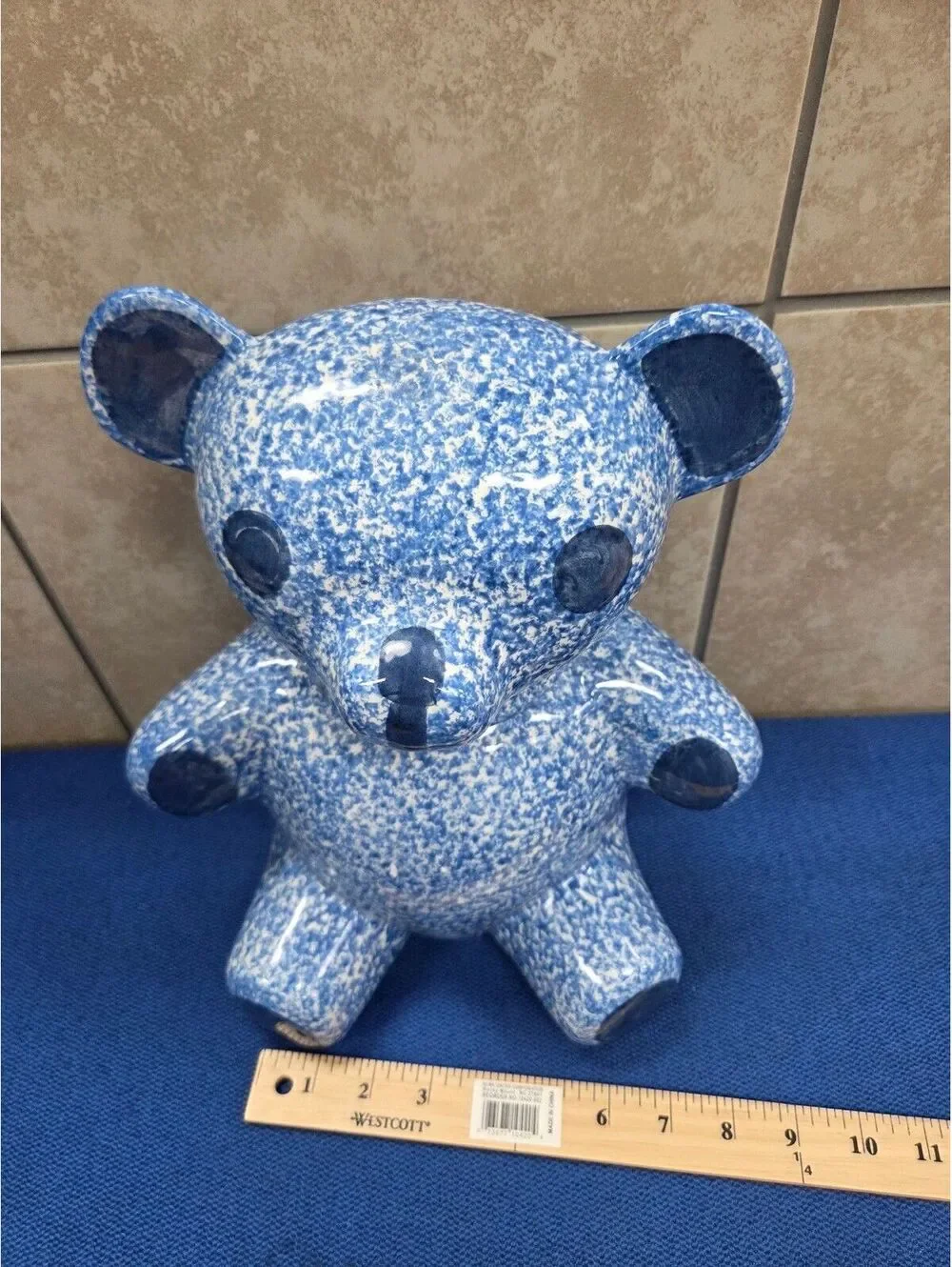 Vintage 1970s N.S. Gustin Blue Spongeware Teddy Bear Cookie Jar Hand Decorated